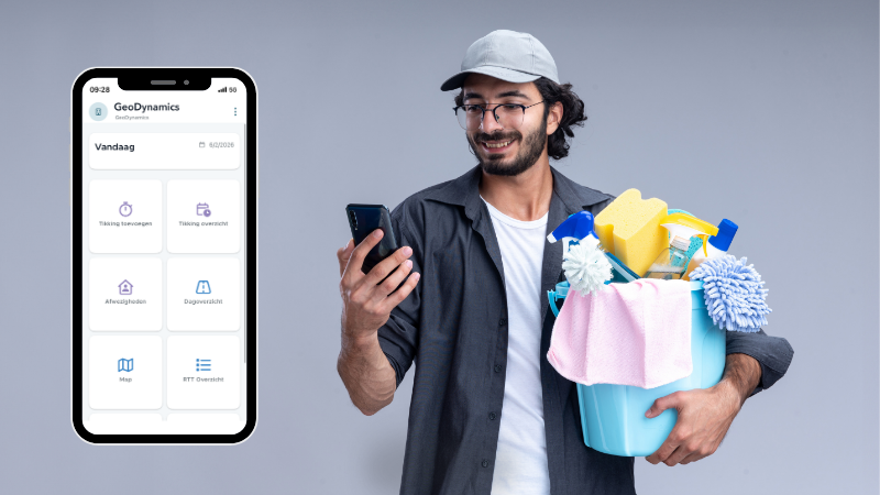 schoonmaak medewerker registreert werkuren via smartphone app