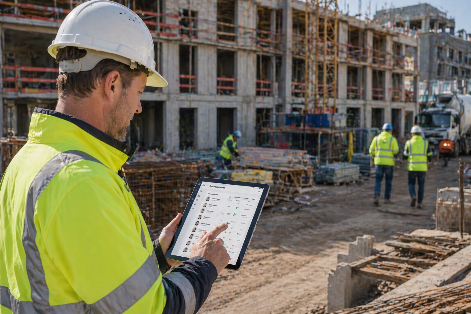 Werfleider controleert digitale aanwezigheidsregistratie en werfmelding op een bouwplaats
