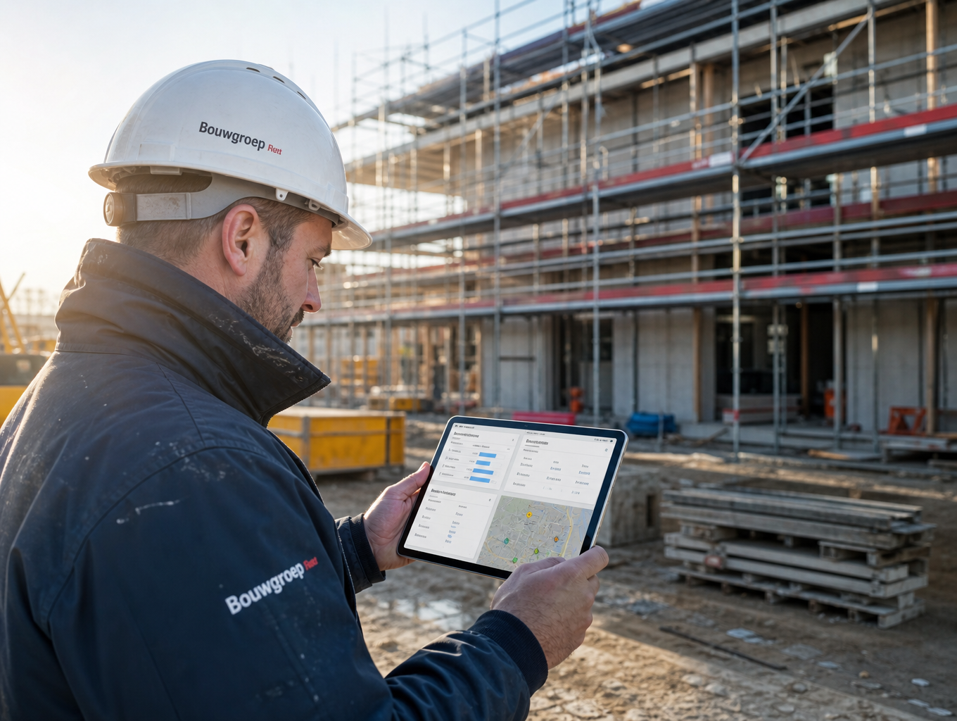 Werfleider controleert gekoppeld overzicht van werkuren en materiaallocatie op tablet
